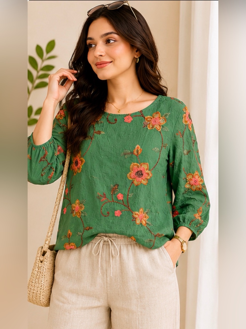 Ana & Rose Green Floral Embroidered Boho Peasant Blouse Size Large‎